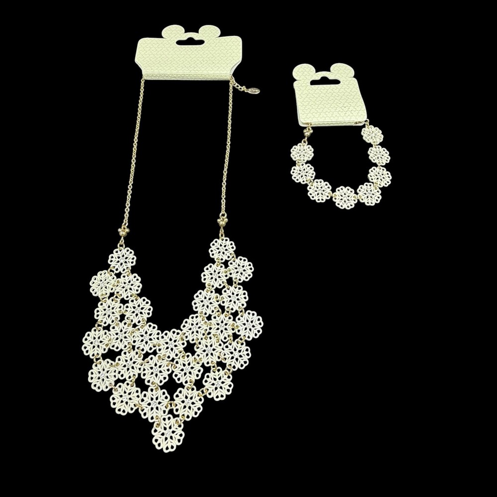 Disney Parks Floral Filigree Enamel Rhinestone Necklace and Bracelet Set Gold - Picture 3 of 8